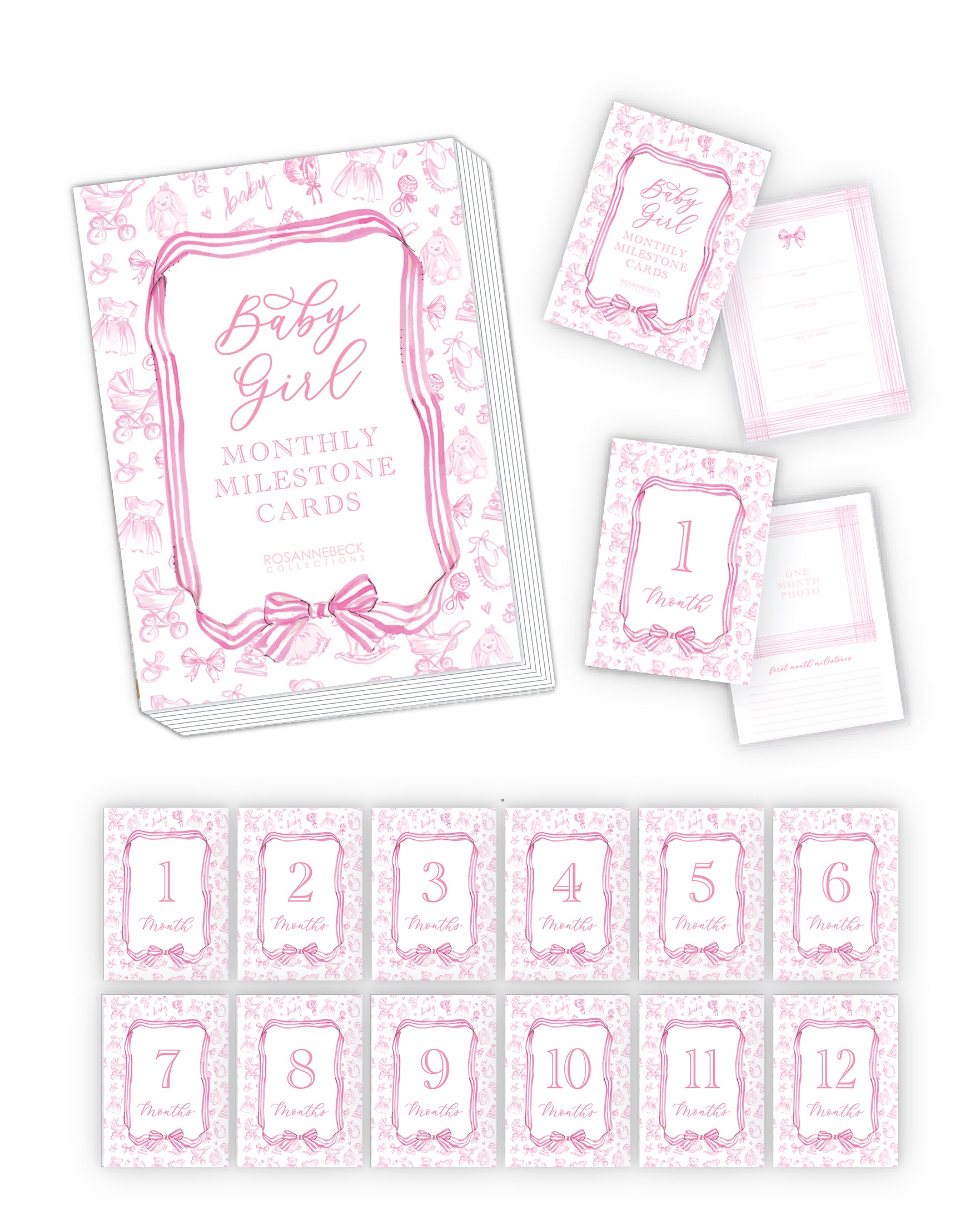 Handpainted Baby Toile Pattern Pink Milestone Cards