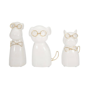 Figurine - White Ceramic Dog with Glasses and Bowtie, 7 in.