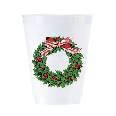 16 oz Shatterproof Cups | Set of 8 | Holly Wreath