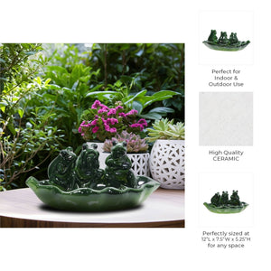 Bird Feeder - Green Ceramic Figurines on Leaf Base, 12 in.