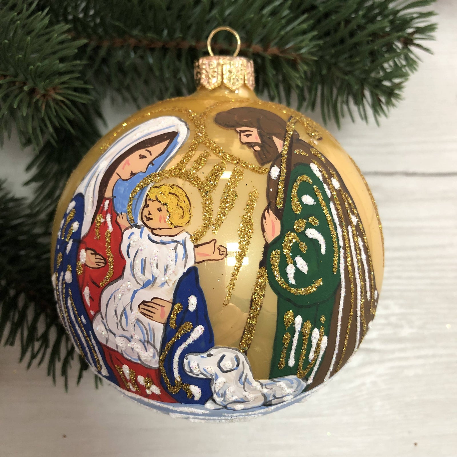 Mary and Baby Jesus Glass Christmas Tree Ornament