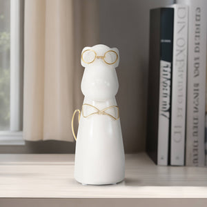 Figurine - White Ceramic Dog with Glasses and Bowtie, 7 in.