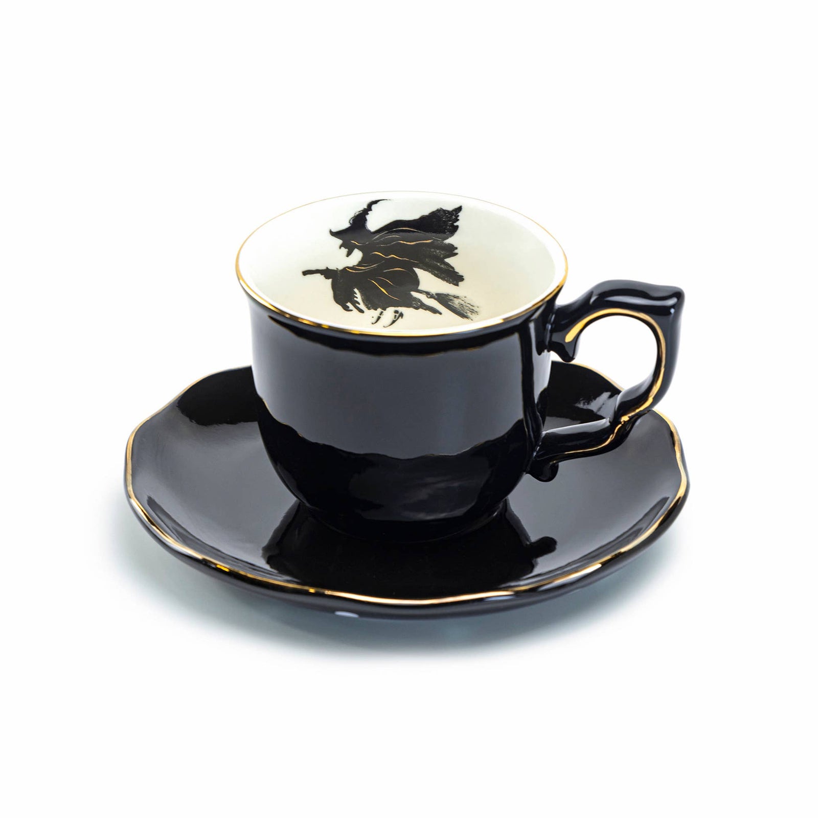 Flying Witch Black Gold 8.5oz Tea Cup and Saucer