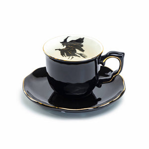 Flying Witch Black Gold 8.5oz Tea Cup and Saucer