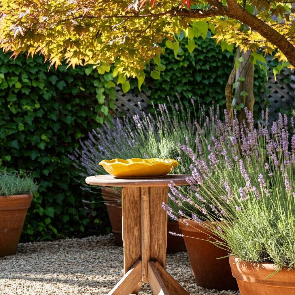 Decorative Bird Bath - Yellow Ceramic Scalloped Edge, 11 in.