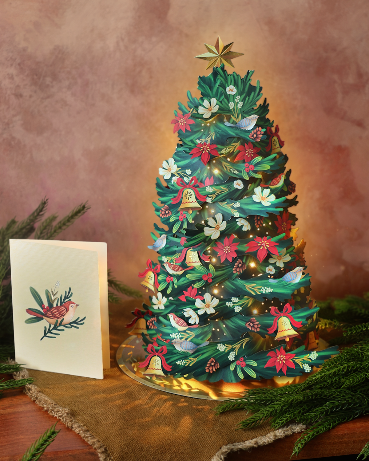Twinkling Poinsettia Christmas Tree Lights Up