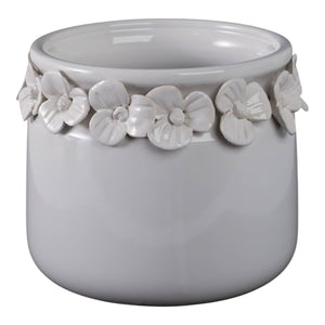 Ceramic Round Floral Applique Planter - White, 6 in.