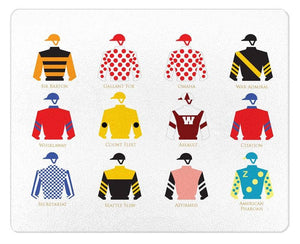 GB8581-Jockey Silks Triple Crown Glass Cutting Board: Small Rectangular 8" by 11"