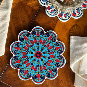Tulips on Turquaz Large Vintage Ceramic Tile Trivet