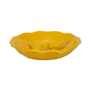 Decorative Bird Bath - Yellow Ceramic Scalloped Edge, 11 in.