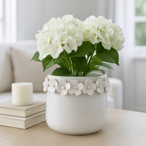 Ceramic Round Floral Applique Planter - White, 6 in.