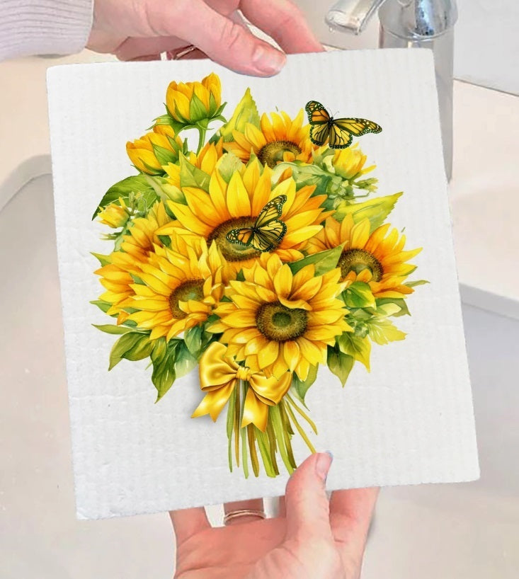 Sunflowers Butterfly Bouquet Swedish Dish Cloth