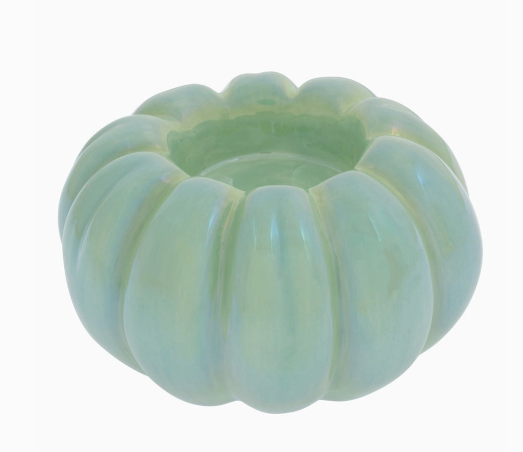 3" Tall Lustrous Aqua Pumpkin Ceramic Tealight Holder Fall