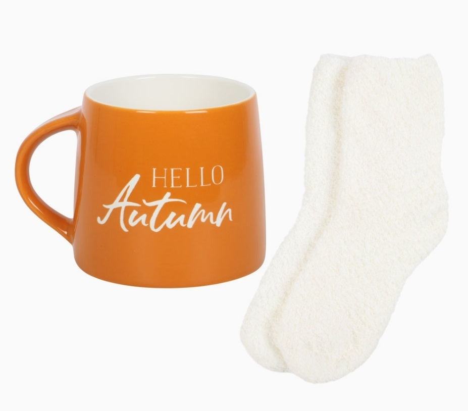 Hello Autumn Fall Mug and Socks Set