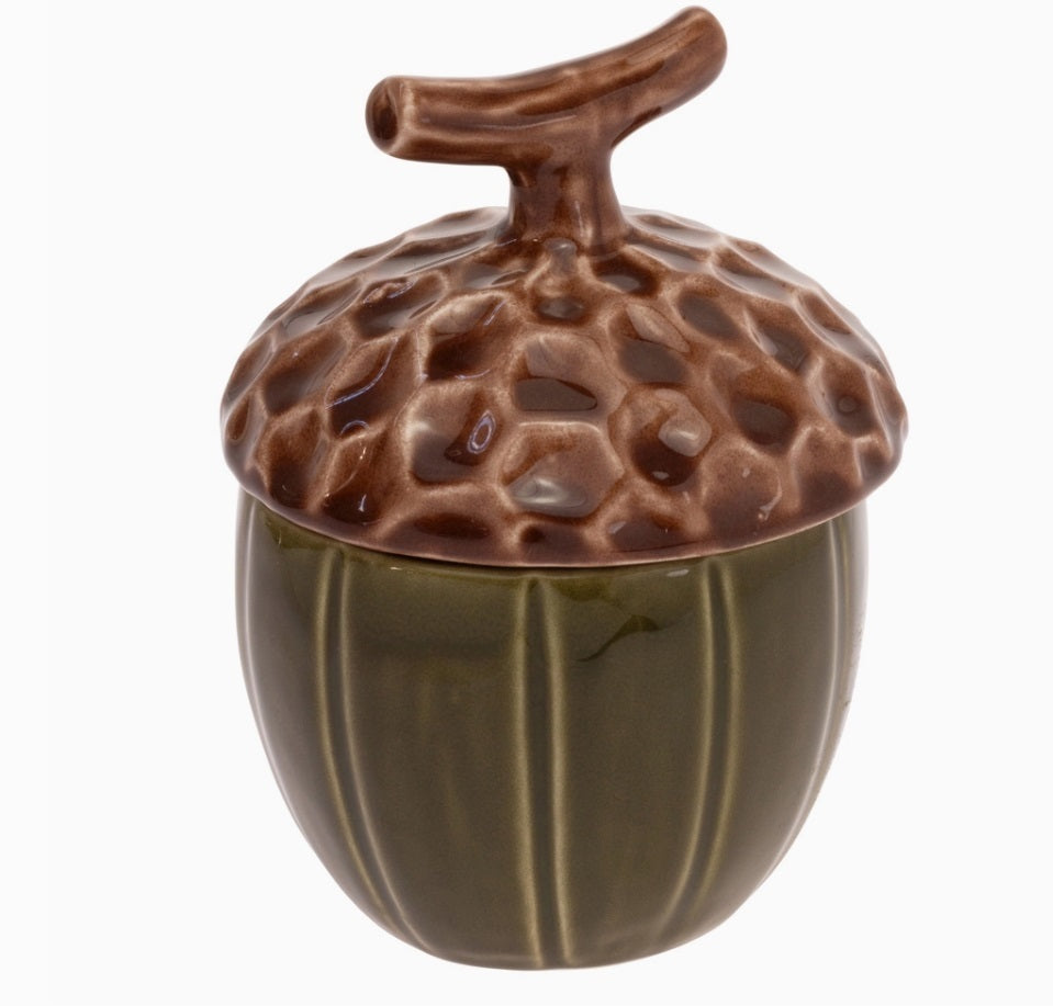 Tall Olive Green Acorn Ceramic Covered Jar