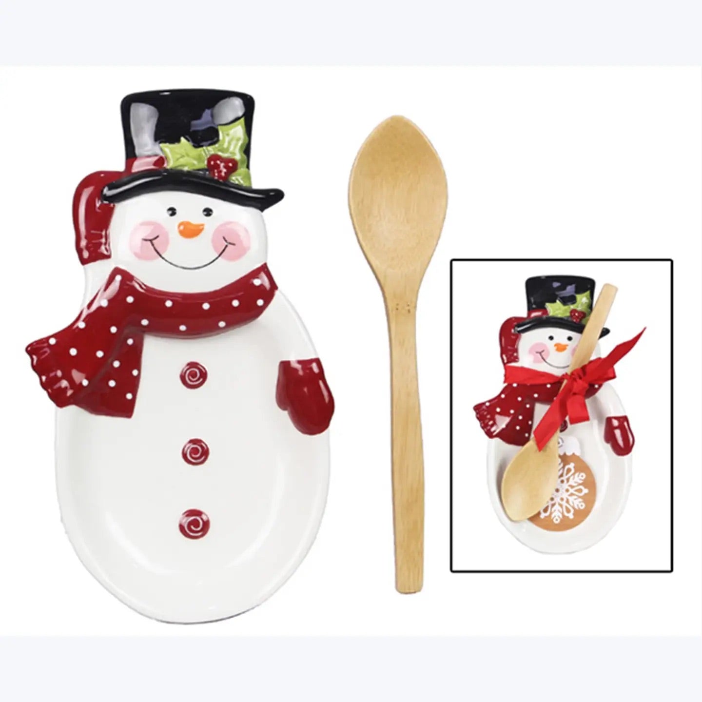 Ceramic Winter Whimsy Snowman Spoon Rest with Wood Spoon