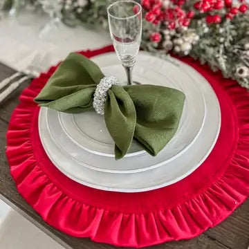 Round Ruffle Velvet Placemat - Red