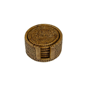 Rattan Round Coaster Set/hldr-Natur Rattan Round Coaster Set(6)/holder