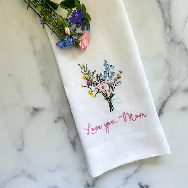 Love You Mom with Bouquet Linen Towel - White (Purple)