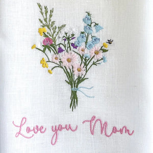 Love You Mom with Bouquet Linen Towel - White (Purple)