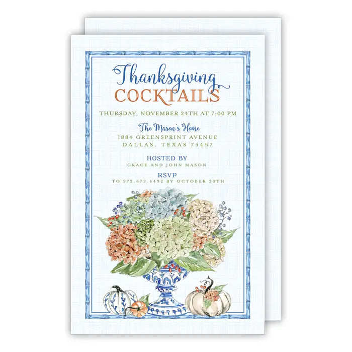 Hydrangeas in Chinoiserie Pot with Pumpkins Large Flat Invitation