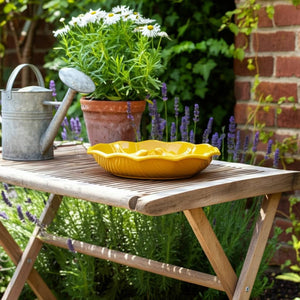 Decorative Bird Bath - Yellow Ceramic Scalloped Edge, 11 in.