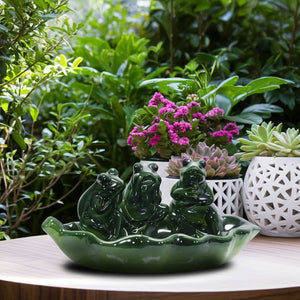 Bird Feeder - Green Ceramic Figurines on Leaf Base, 12 in.