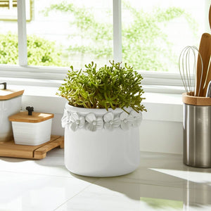 Ceramic Round Floral Applique Planter - White, 6 in.