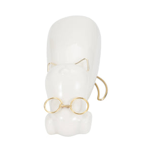 Figurine - White Ceramic Dog with Glasses and Bowtie, 7 in.