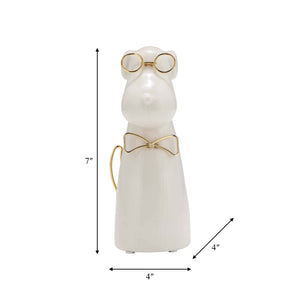 Figurine - White Ceramic Dog with Glasses and Bowtie, 7 in.