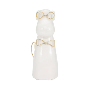 Figurine - White Ceramic Dog with Glasses and Bowtie, 7 in.