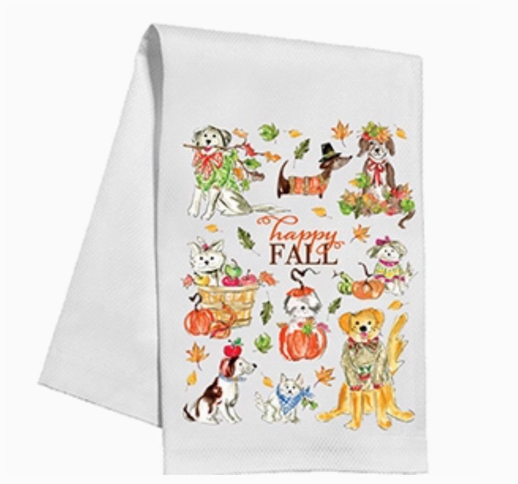 Happy Fall Party Pooches Leaves and Pumpkins Kitchen Towel