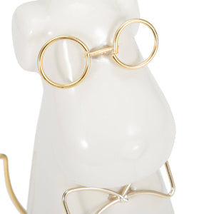 Figurine - White Ceramic Dog with Glasses and Bowtie, 7 in.
