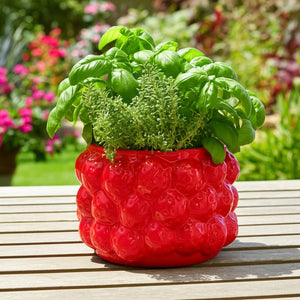 Decorative Planter - Red Ceramic Strawberry Flower, 8 in.