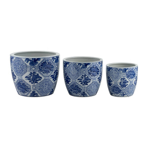 Planters Set of 3 - Blue Ceramic Vintage Style, 6/8/10 in.