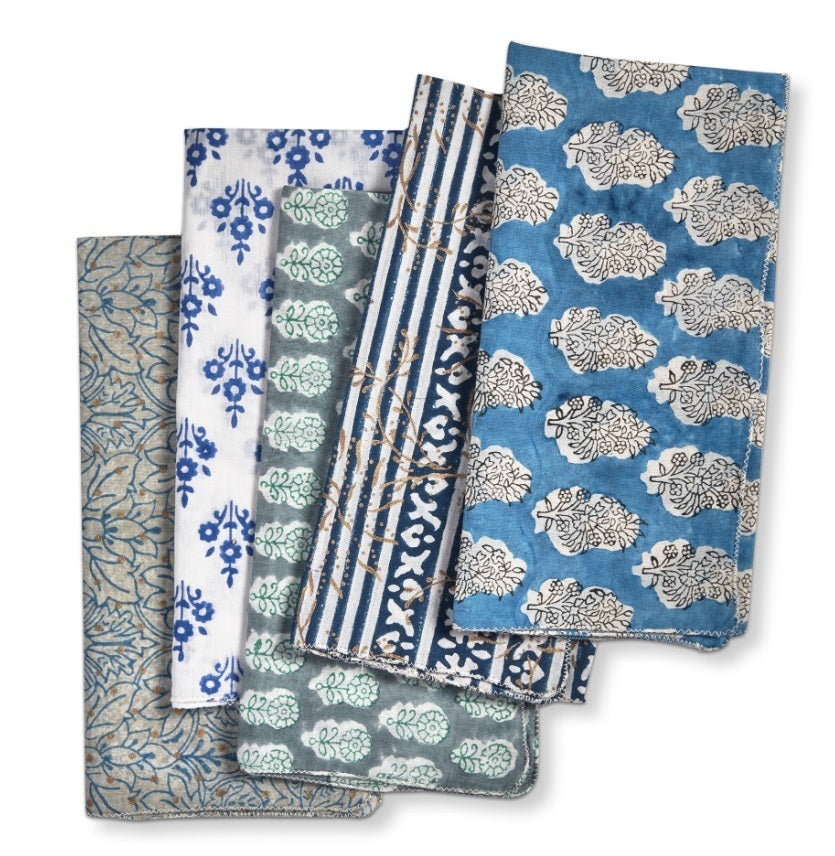Blue block print linen napkin assortment of 5