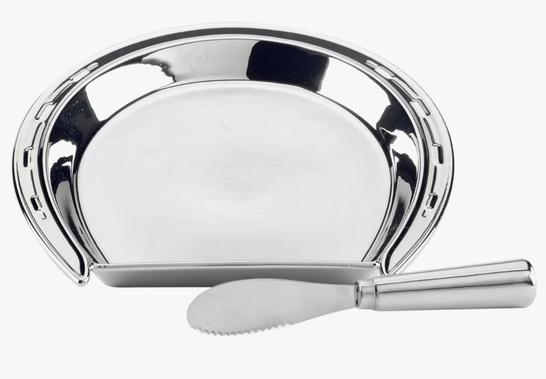 Silver Horseshoe Cheese Plate with Knife