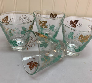 Aqua and Gold Maple Leaf Glasses Set 4