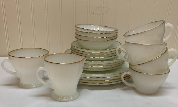 Anchor Hocking Milk glass Gold Rim Service for 4 plus sugar and creamer