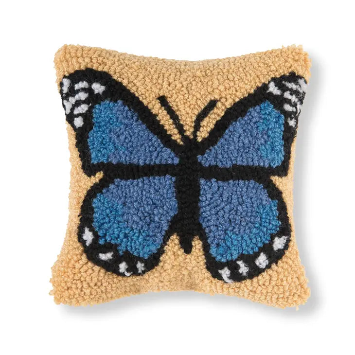 Blue Butterfly Hooked Pillow 8x8"