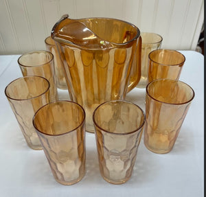 Amber Pitcher And 8 Glasses
