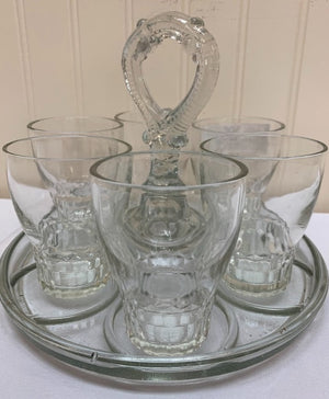 5 Small Glasses On A Glass Serving Tray With Handle